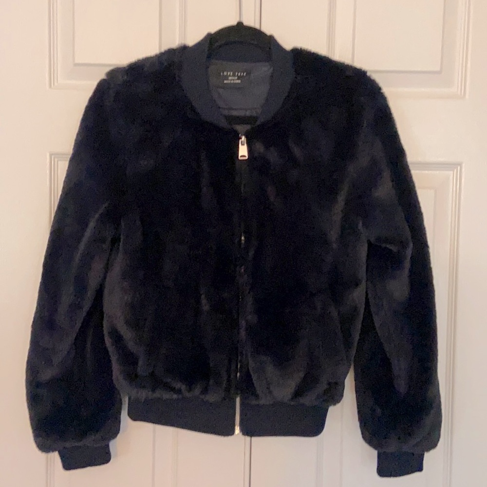 Love Tree navy blue faux fur bomber jacket